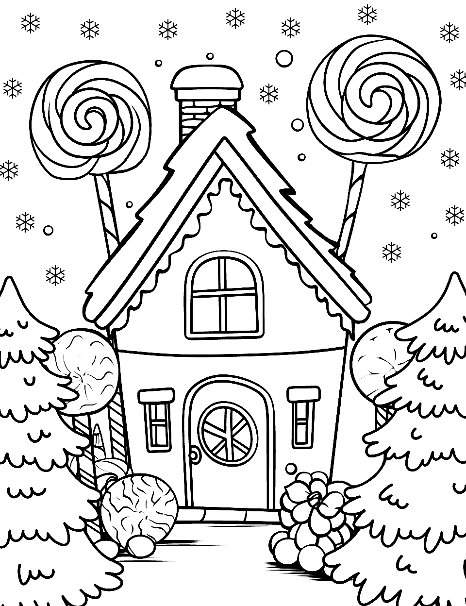 Christmas Candy Wonderland Coloring Page - A Christmas scene with a gingerbread house and candy canes.