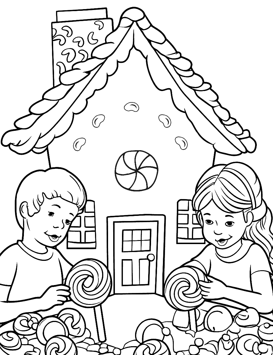 Gingerbread House Construction Candy Coloring Page - Kids decorate a large, detailed gingerbread house with various candies.