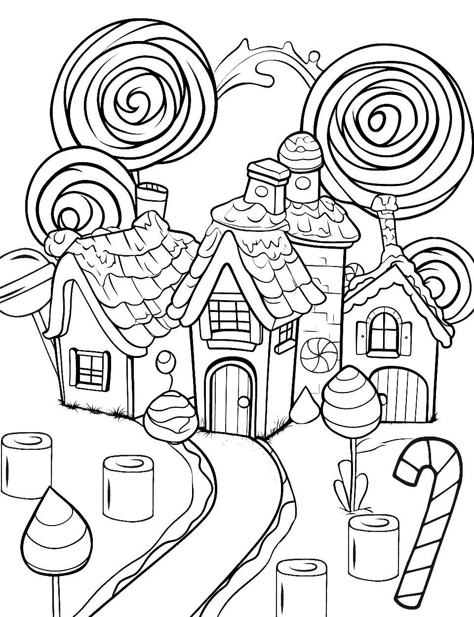 Candyland Adventure Candy Coloring Page - A pathway leading through a fantastical land filled with oversized candy and sweets.