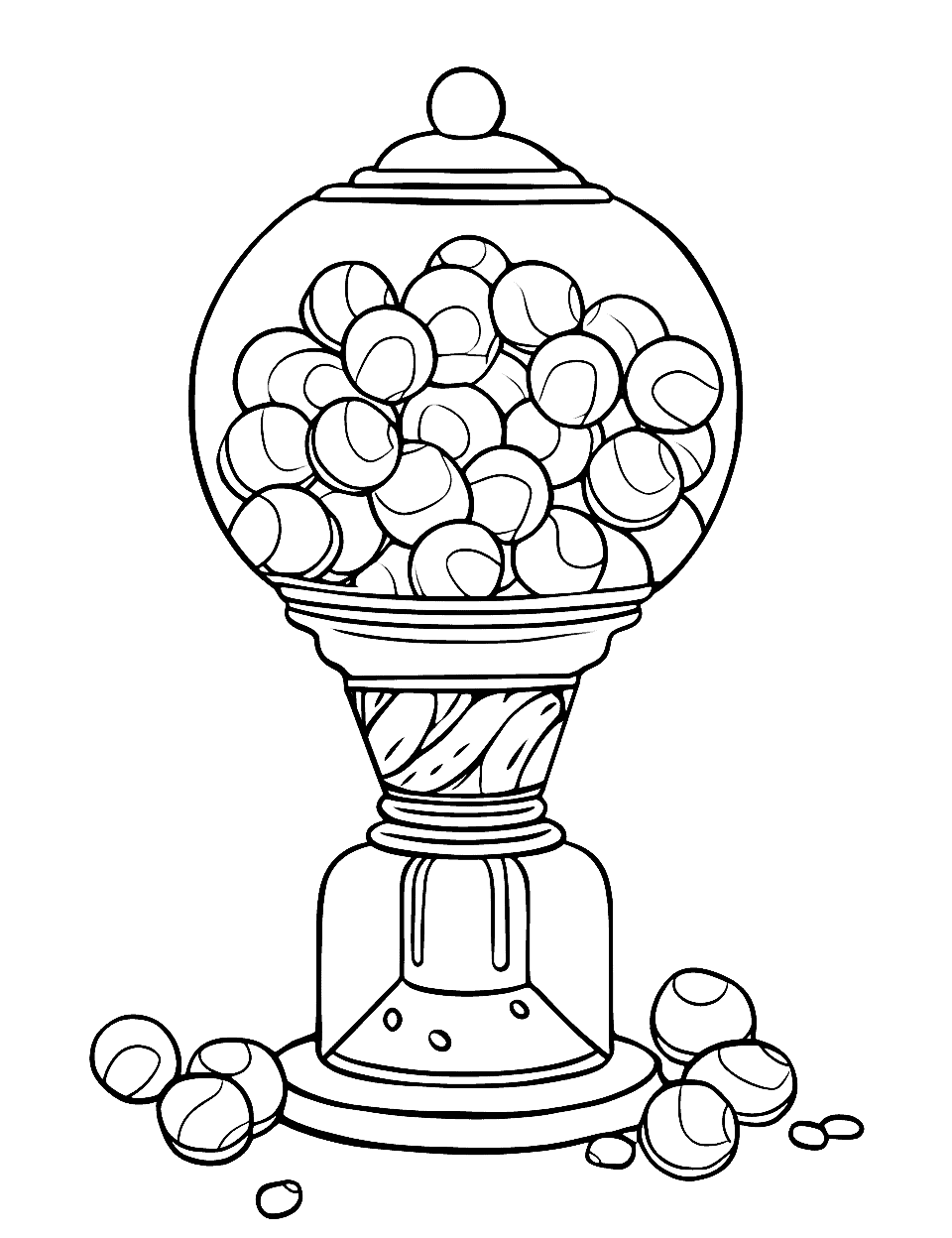 Gumball Machine Fun Candy Coloring Page - A large, colorful gumball machine with gumballs spilling out onto the floor.