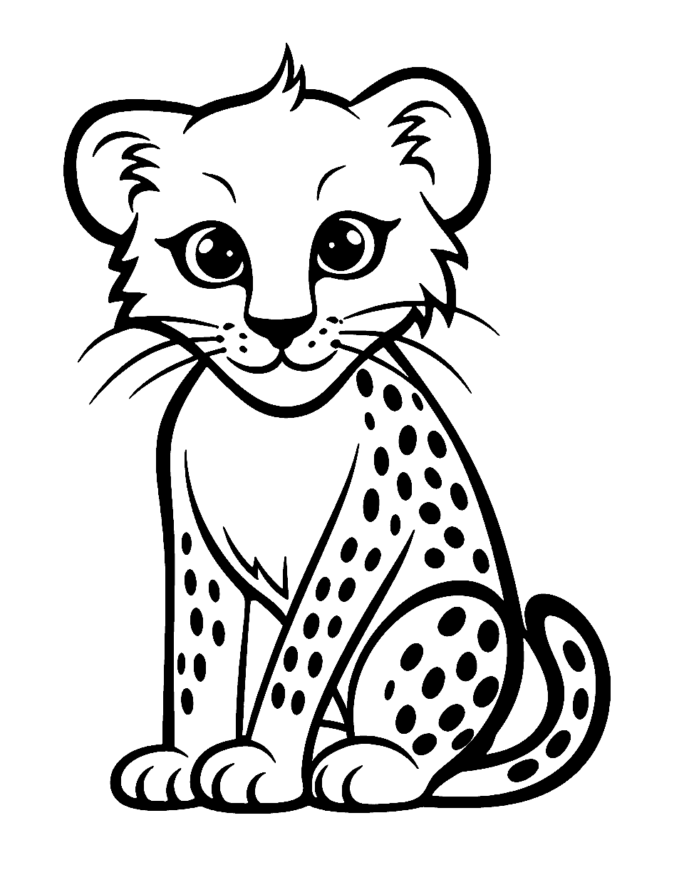 Cute Cheetah Sitting Coloring Page - A charming and adorable cheetah sitting calmly with a gentle smile.