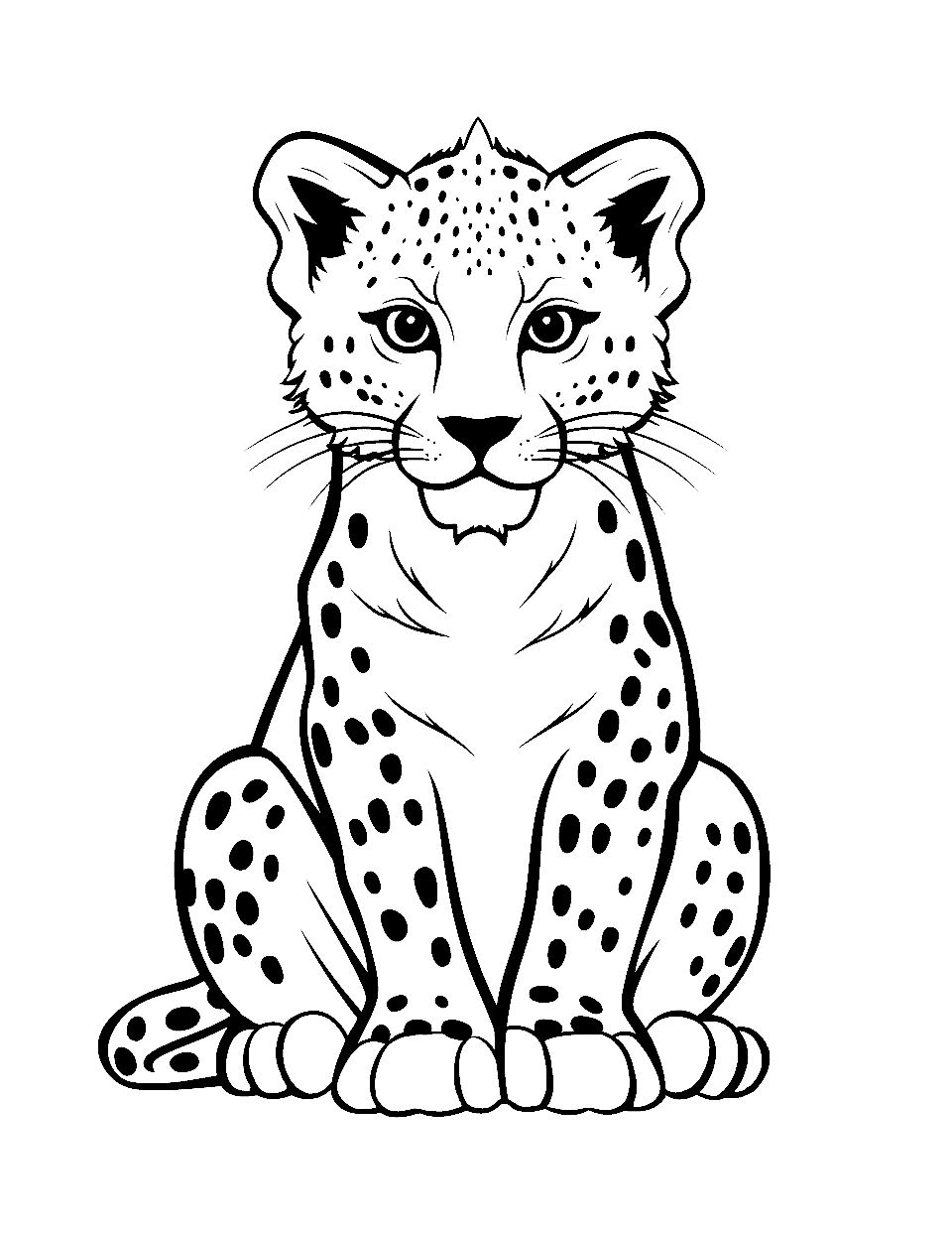 King Cheetah in Regal Pose Coloring Page - A majestic cheetah sitting like a king with a regal expression.