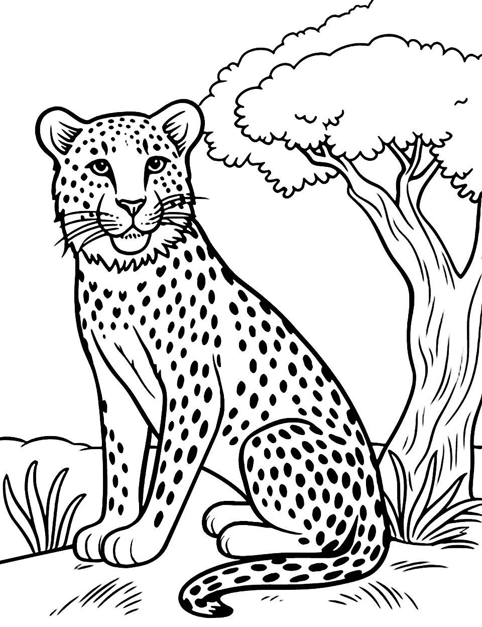 Cheetah Under a Tree Coloring Page - A serene scene of a cheetah resting under a shady tree.