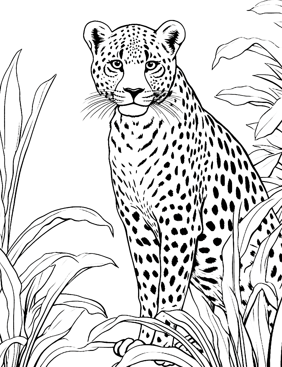 Cheetah in a Jungle Setting Coloring Page - A cheetah stealthily moving through a jungle environment.
