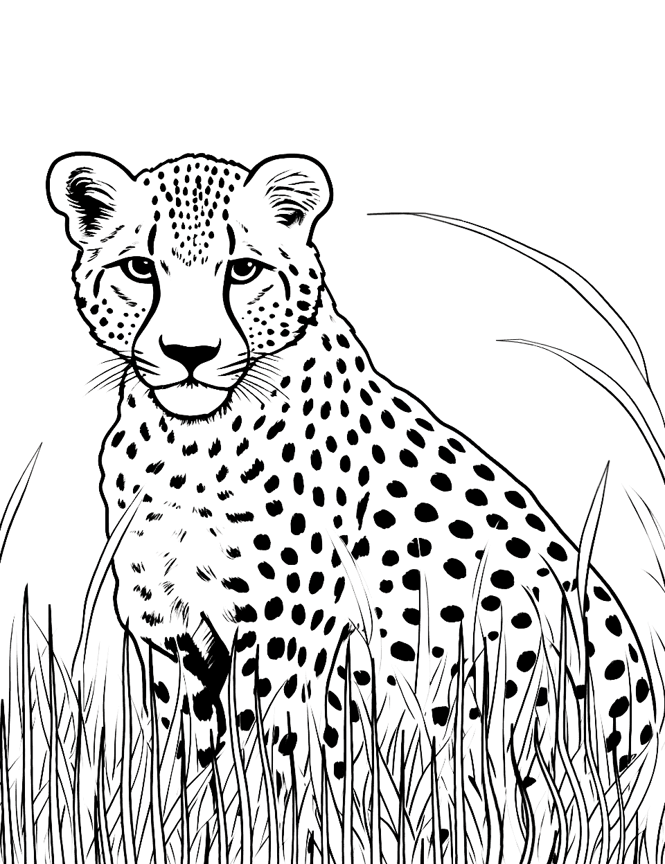 Realistic Cheetah in Grass Coloring Page - A lifelike depiction of a cheetah hiding in tall savannah grass.