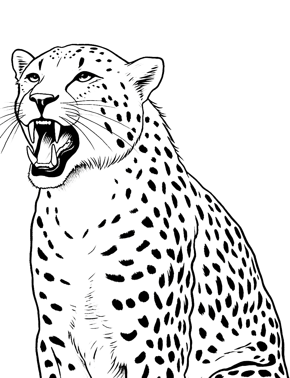 Sleepy Cheetah Yawning Coloring Page - A relaxed cheetah yawning, showing its teeth and tongue.