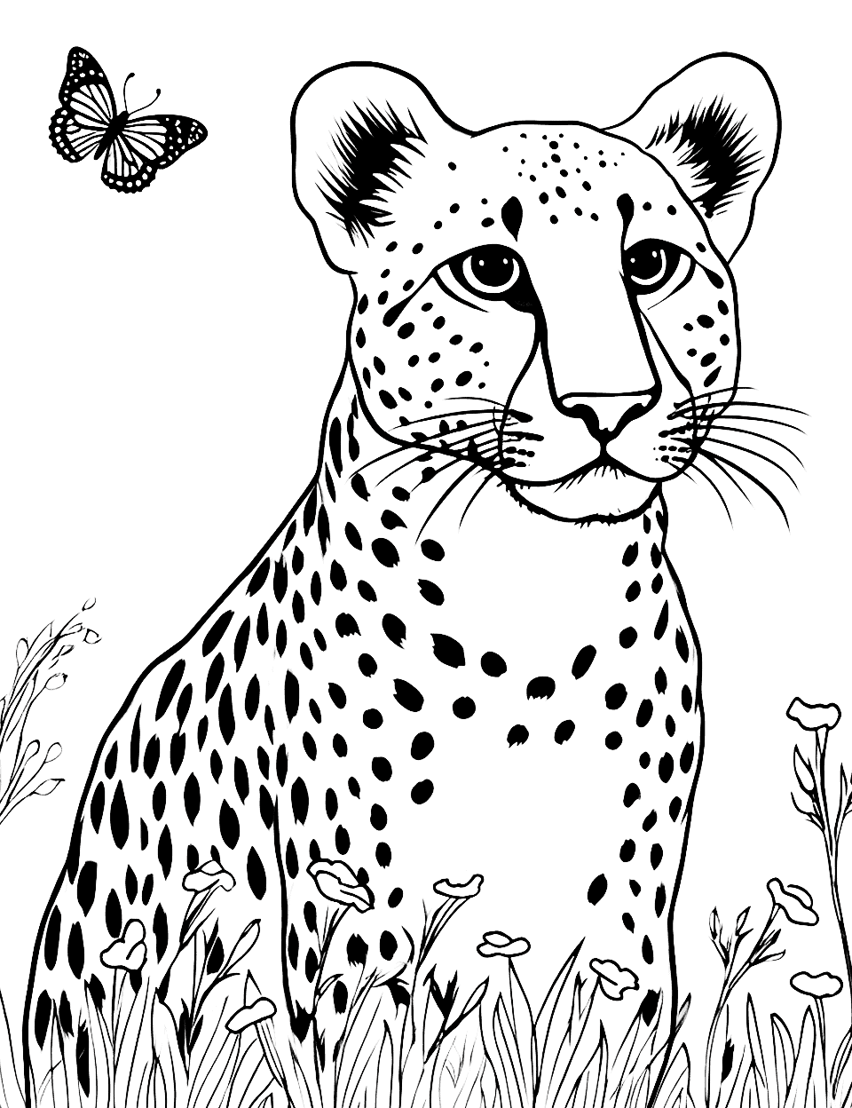 Cheetah with a Butterfly  Coloring Page - A whimsical scene of a cheetah with a butterfly flying around it.