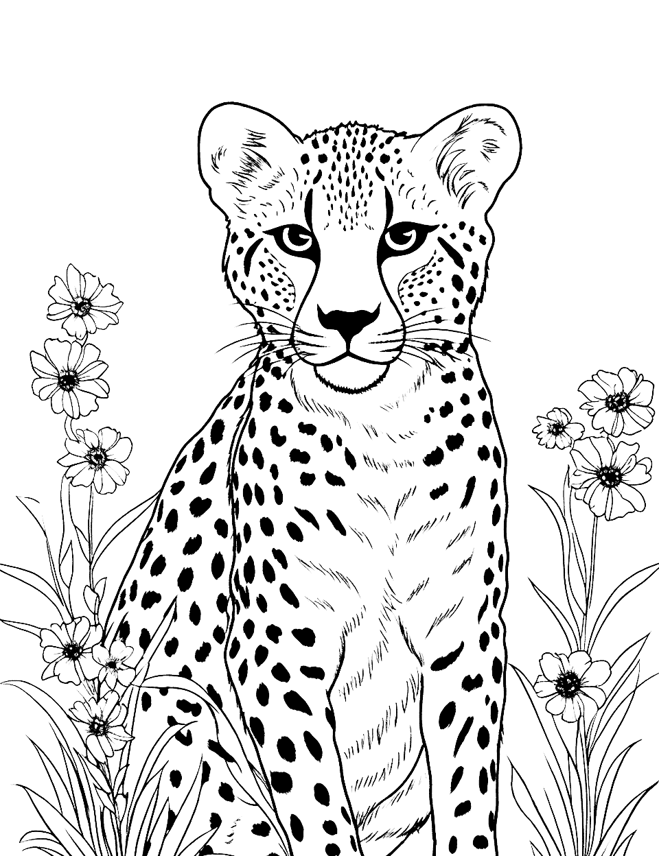 Cheetah in a Flowery Field Coloring Page - A cheetah in a field of flowers, looking peaceful.