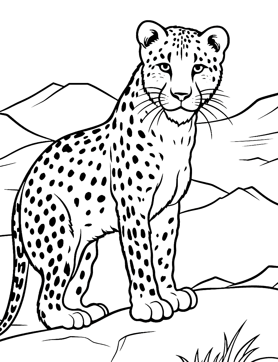 Cheetah in a Mountainous Landscape Coloring Page - A scene of a cheetah in a mountainous terrain.