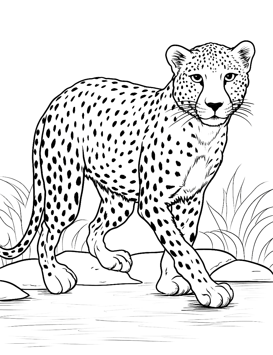 Cheetah Crossing a Stream Coloring Page - A cheetah carefully crossing a shallow stream.