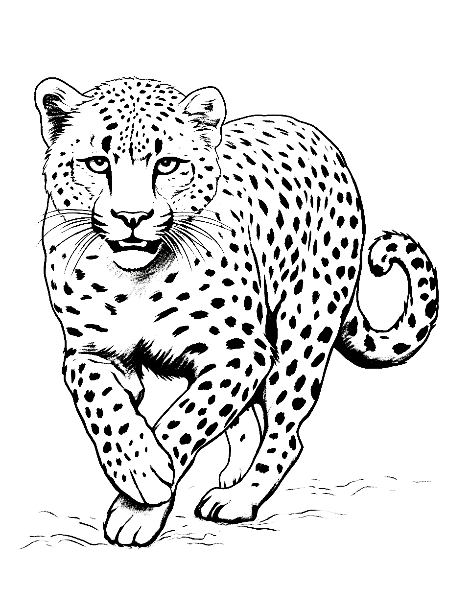 Cheetah Running Fast Coloring Page - A dynamic scene of a cheetah sprinting at full speed.