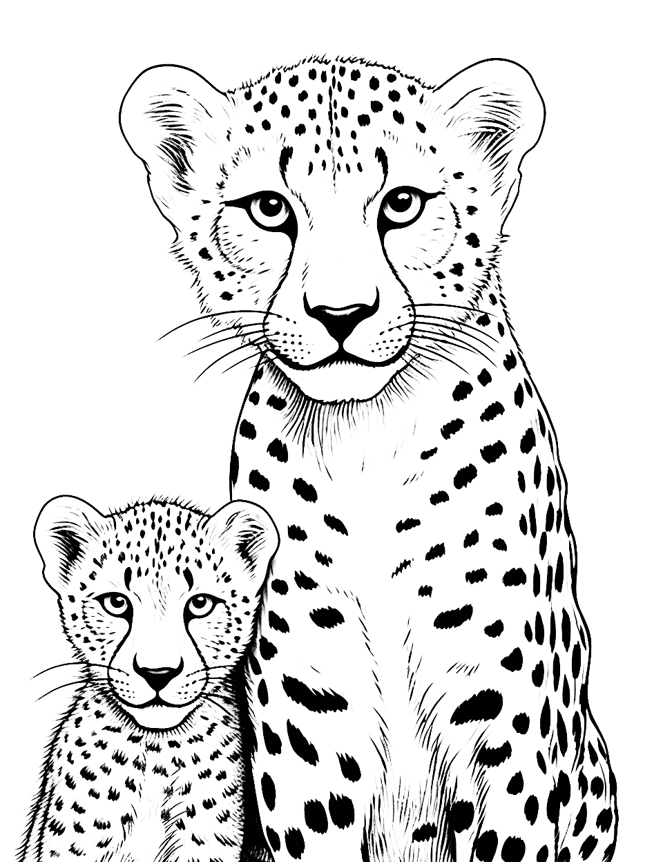 Cheetah Cub with Mother Coloring Page - A heartwarming scene of a cheetah cub snuggling with its mother.