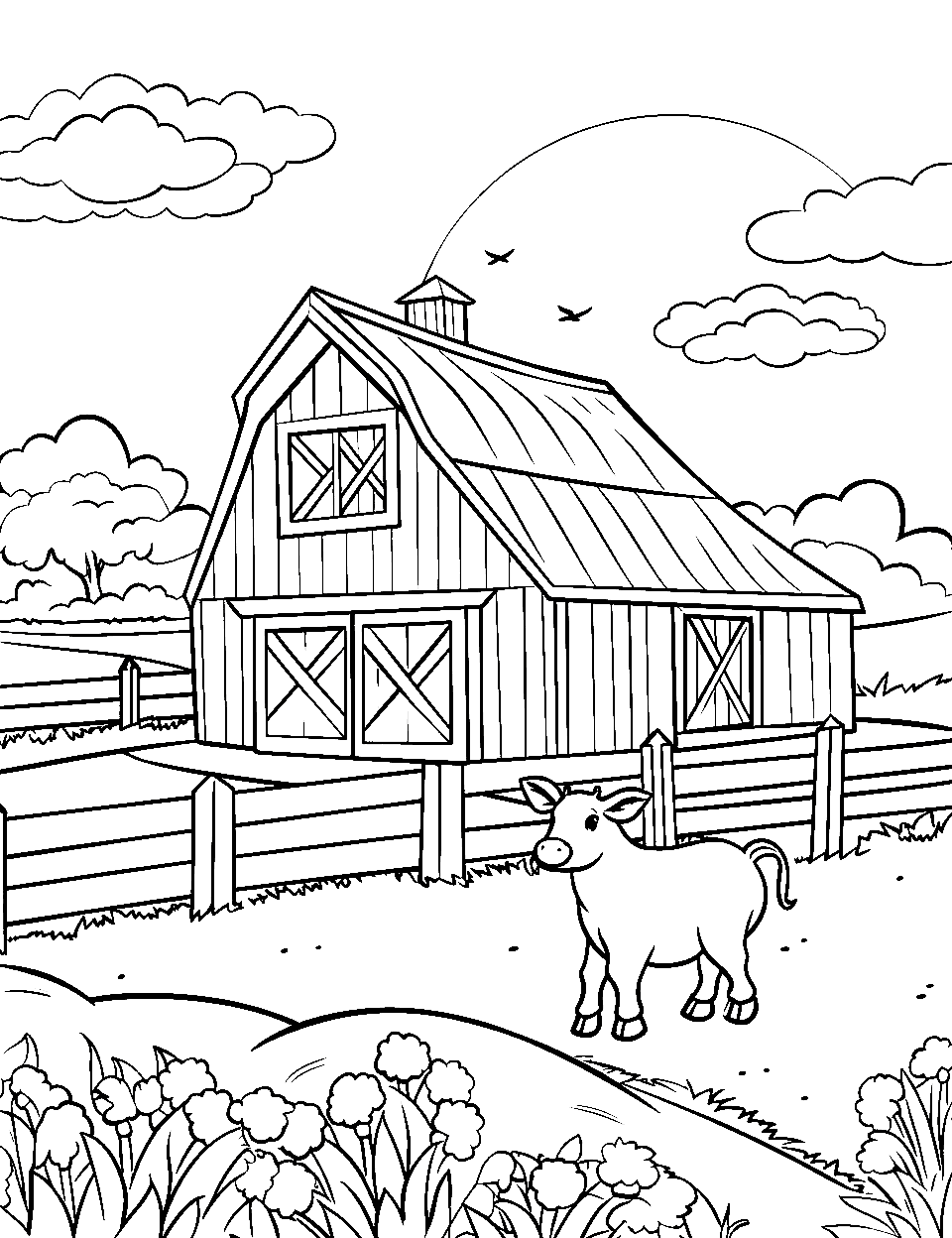 Sunny Day on the Farm Coloring Page - A simple farm scene with a barn, a sun, and a few clouds.