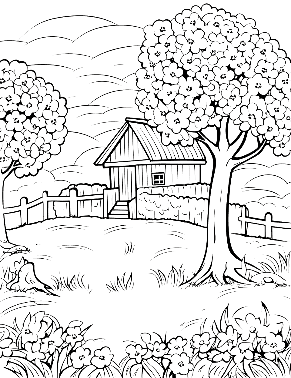 Springtime Blossoms Farm Coloring Page - Trees in blossom around the farmyard.
