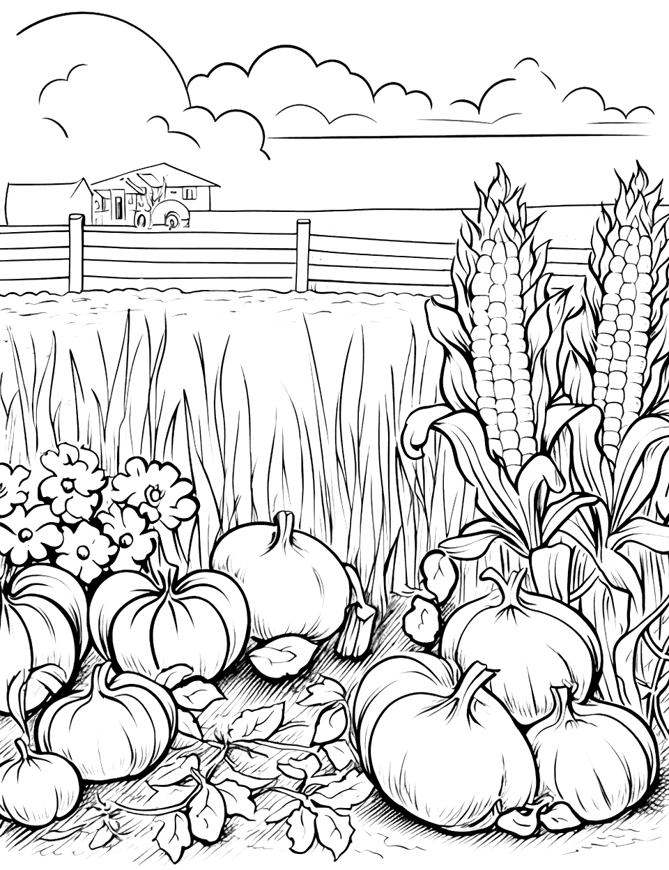 Summer Vegetable Garden Farm Coloring Page - A vegetable garden with different veggies ready to be picked.