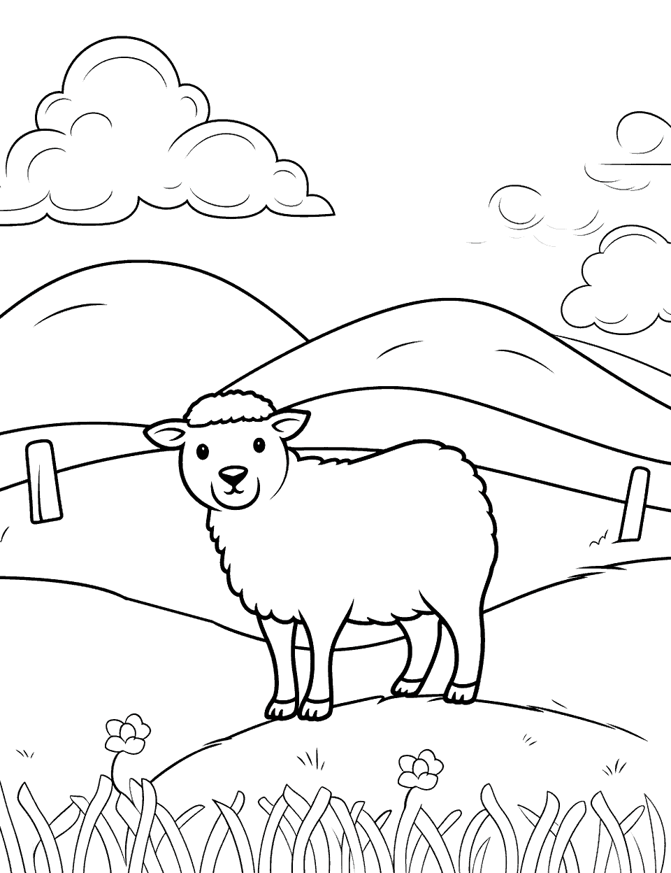 Sheep Grazing on a Hill Farm Coloring Page - A single sheep grazing on a gentle hill.