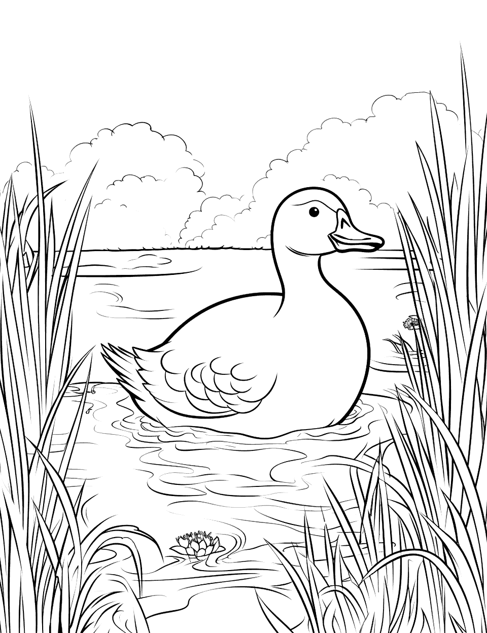 Duck Pond on the Farm Coloring Page - A pond with a duck swimming and reeds around.