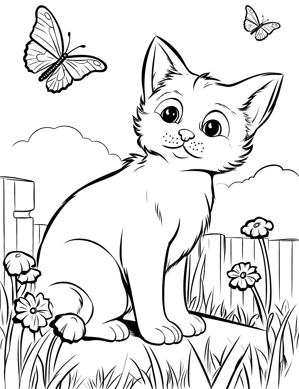 Farm Cat Watching Butterflies Coloring Page - A beautiful cat watching butterflies in the farmyard.