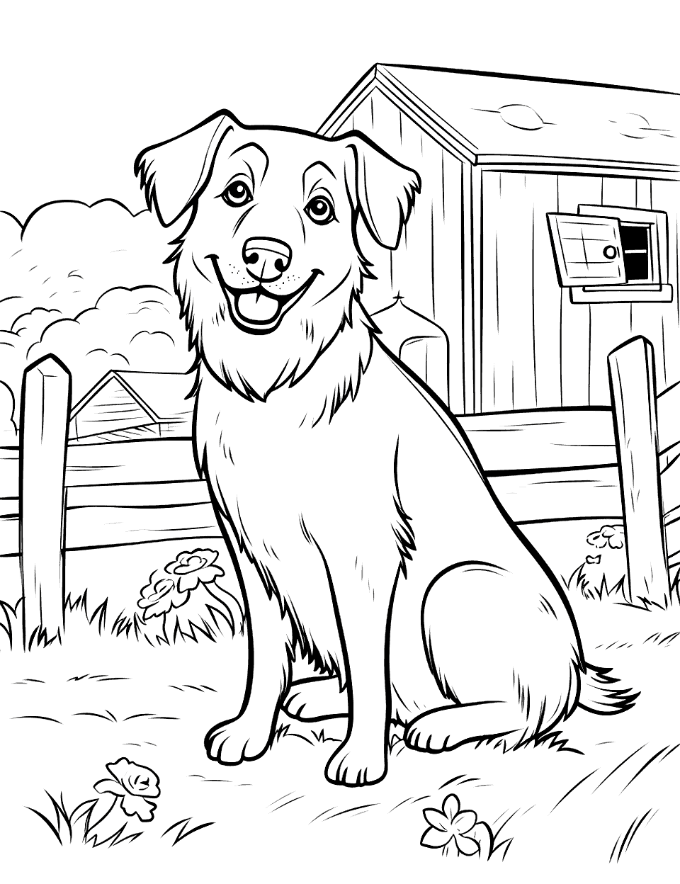 Friendly Farm Dog Coloring Page - A friendly dog sitting near the farmhouse.