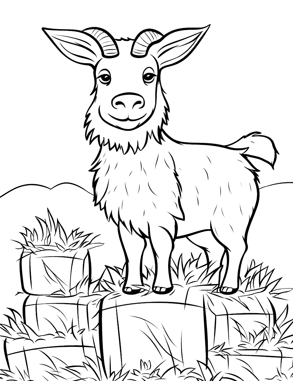Goat on Hay Bales Farm Coloring Page - A goat on top of a stack of hay bales.