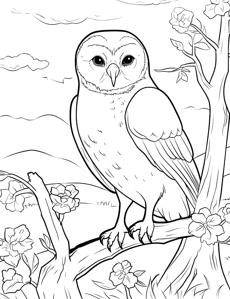 Barn Owl in a Tree Farm Coloring Page - An owl perched in a tree near the barn.