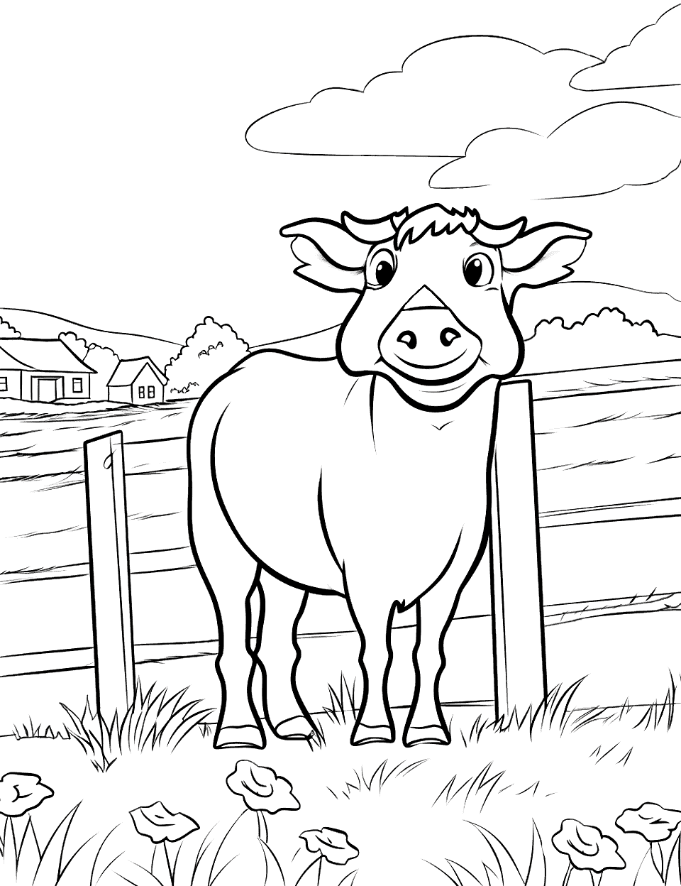 Happy Cow Grazing Farm Coloring Page - A single cow grazing peacefully in a meadow near a fence.