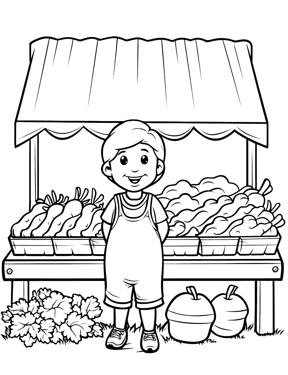 Farmer's Market Stand Farm Coloring Page - A stand filled with fresh farm produce.