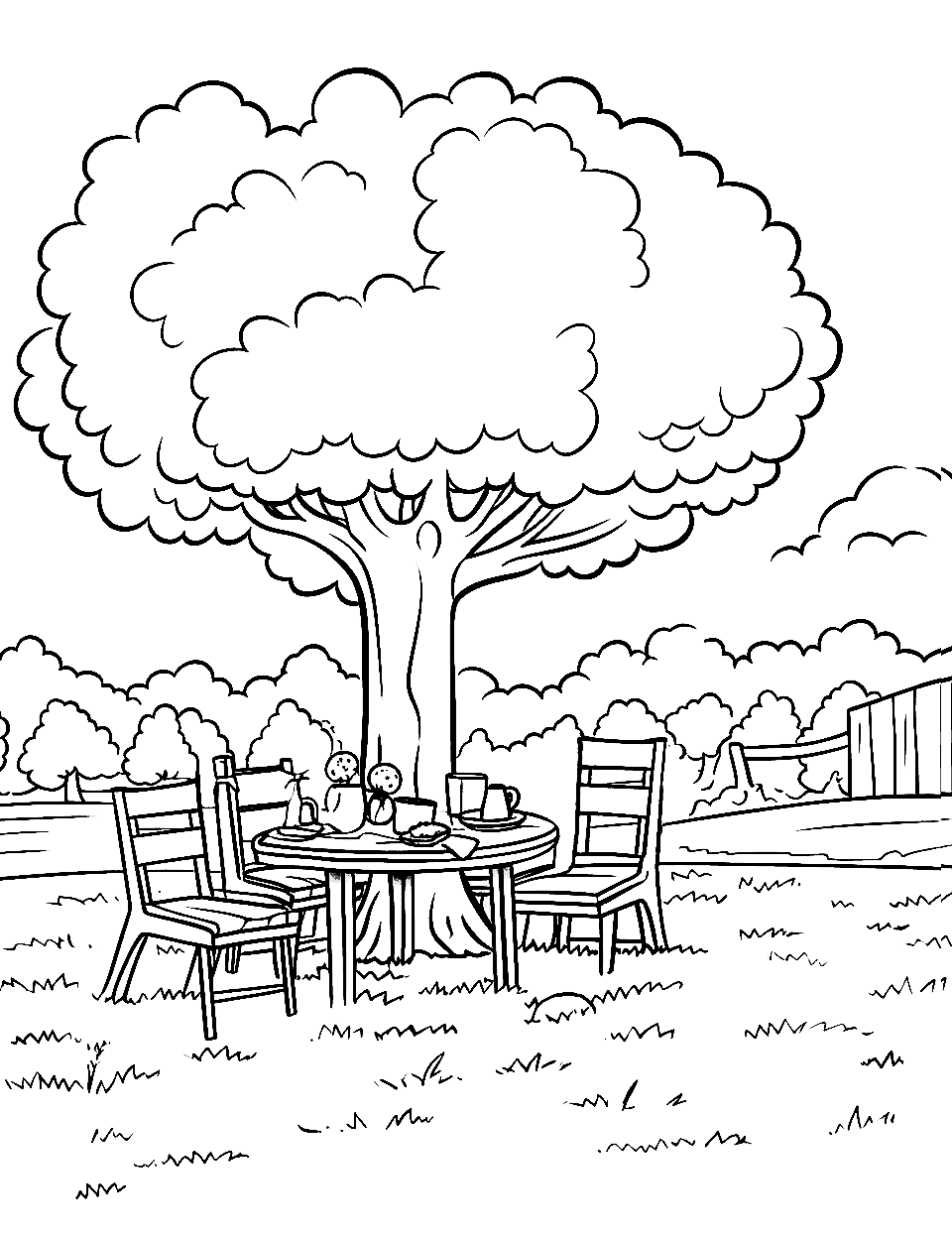 Picnic on the Farm Coloring Page - A picnic setup under a tree in the farm.
