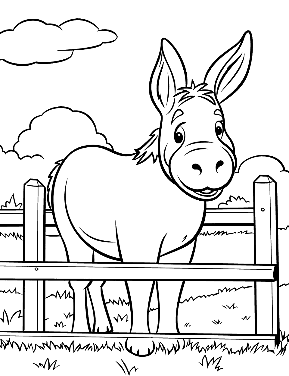 Donkey by the Fence Farm Coloring Page - A donkey standing next to a wooden fence.