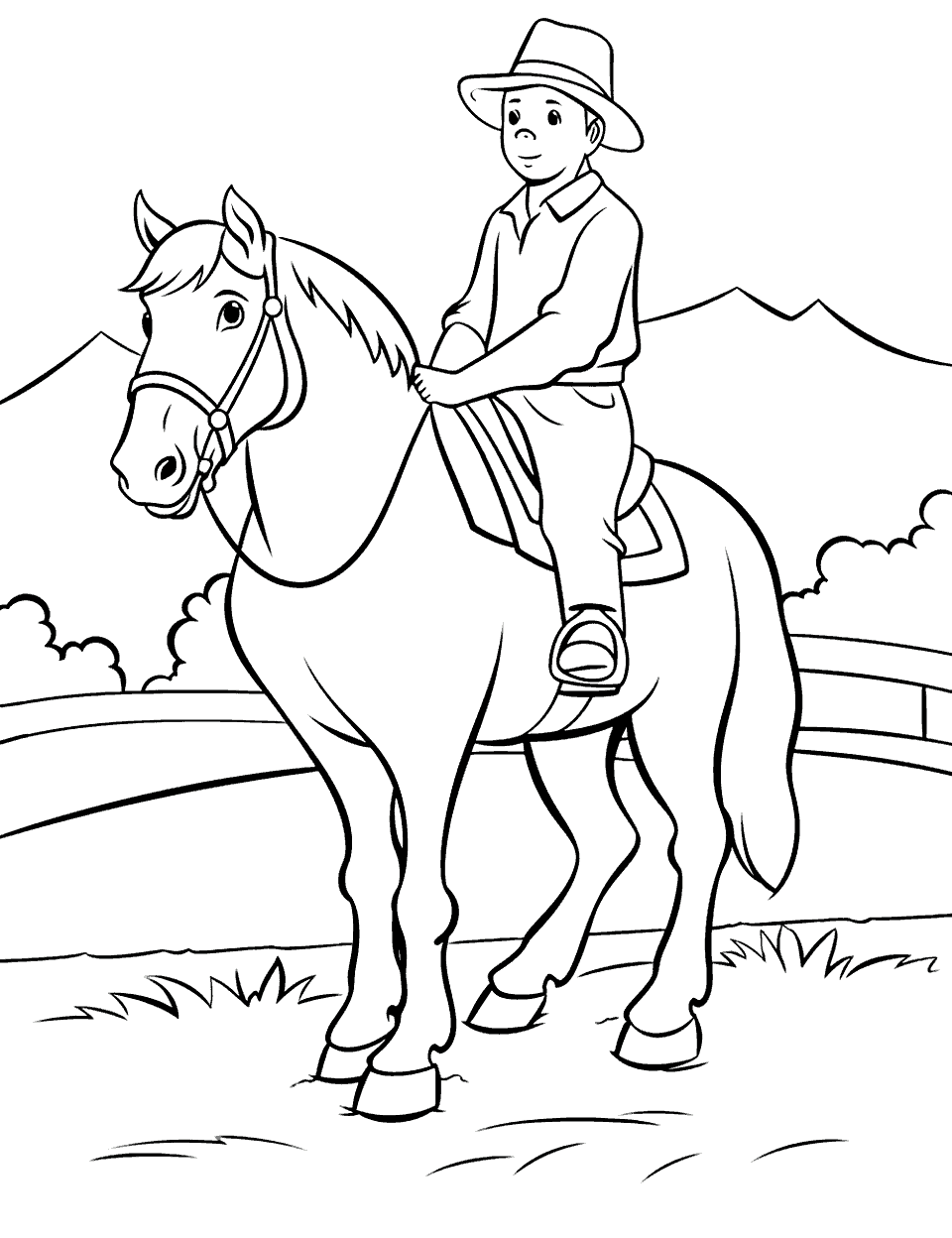 Farmer on a Horse Farm Coloring Page - A farmer riding a horse across the field.