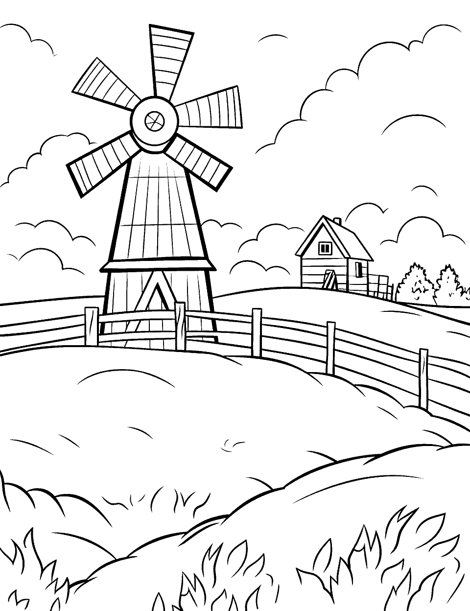 Windmill on the Farm Coloring Page - A windmill with fields in the background.