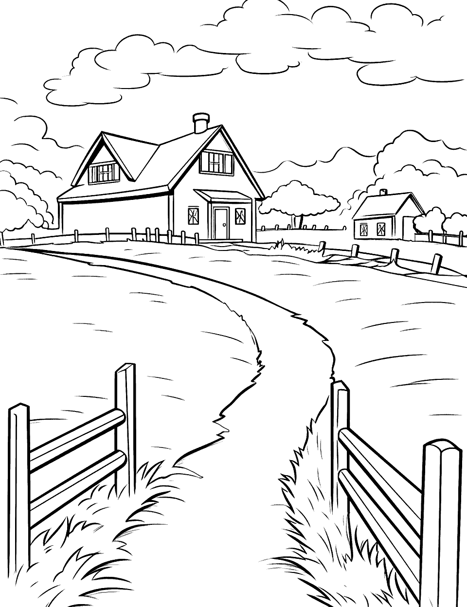 Country Road Leading to the Farm Coloring Page - A country road with fences on either side leading to the farm.