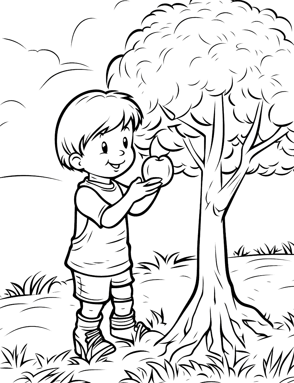 Apple Picking Farm Coloring Page - A child picking apples from an apple tree.