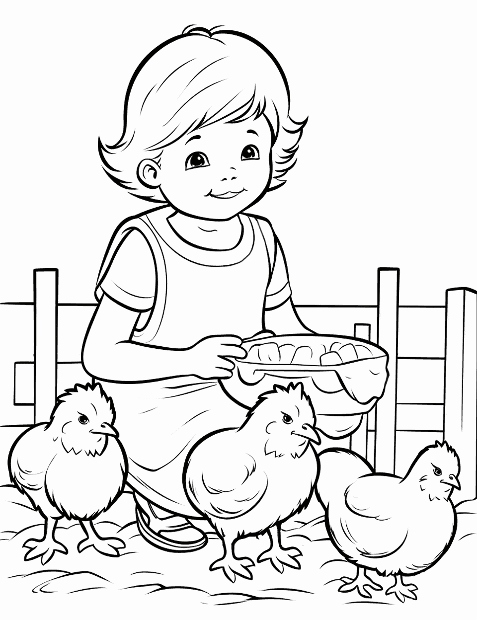 Caring for Chicks Farm Coloring Page - A child feeding chicks in a small pen.