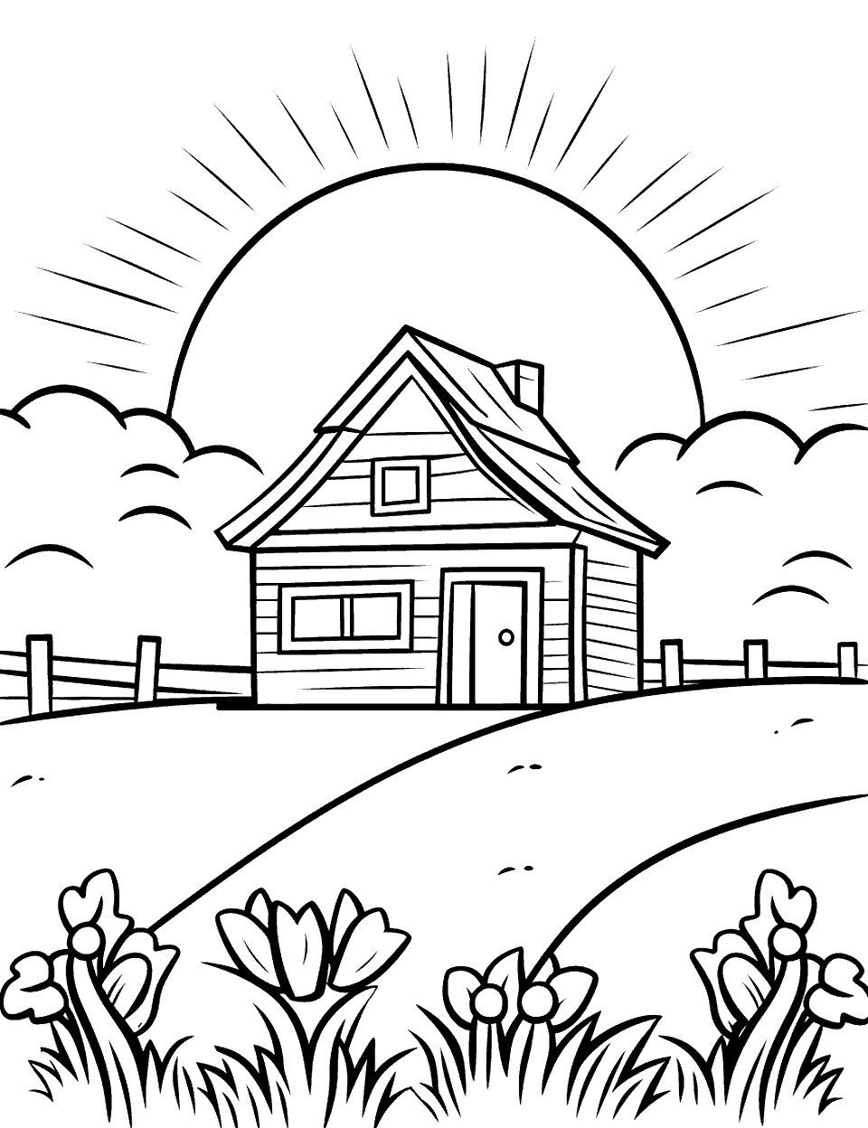 Farmhouse Morning Farm Coloring Page - A farmhouse with a rising sun in the background.