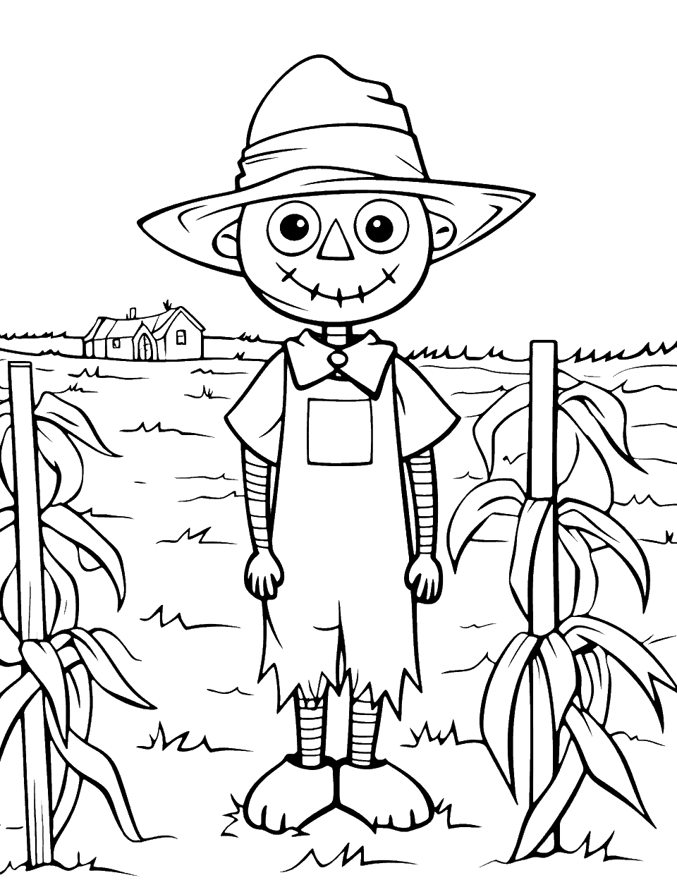Scarecrow in the Field Farm Coloring Page - A scarecrow standing in a field.