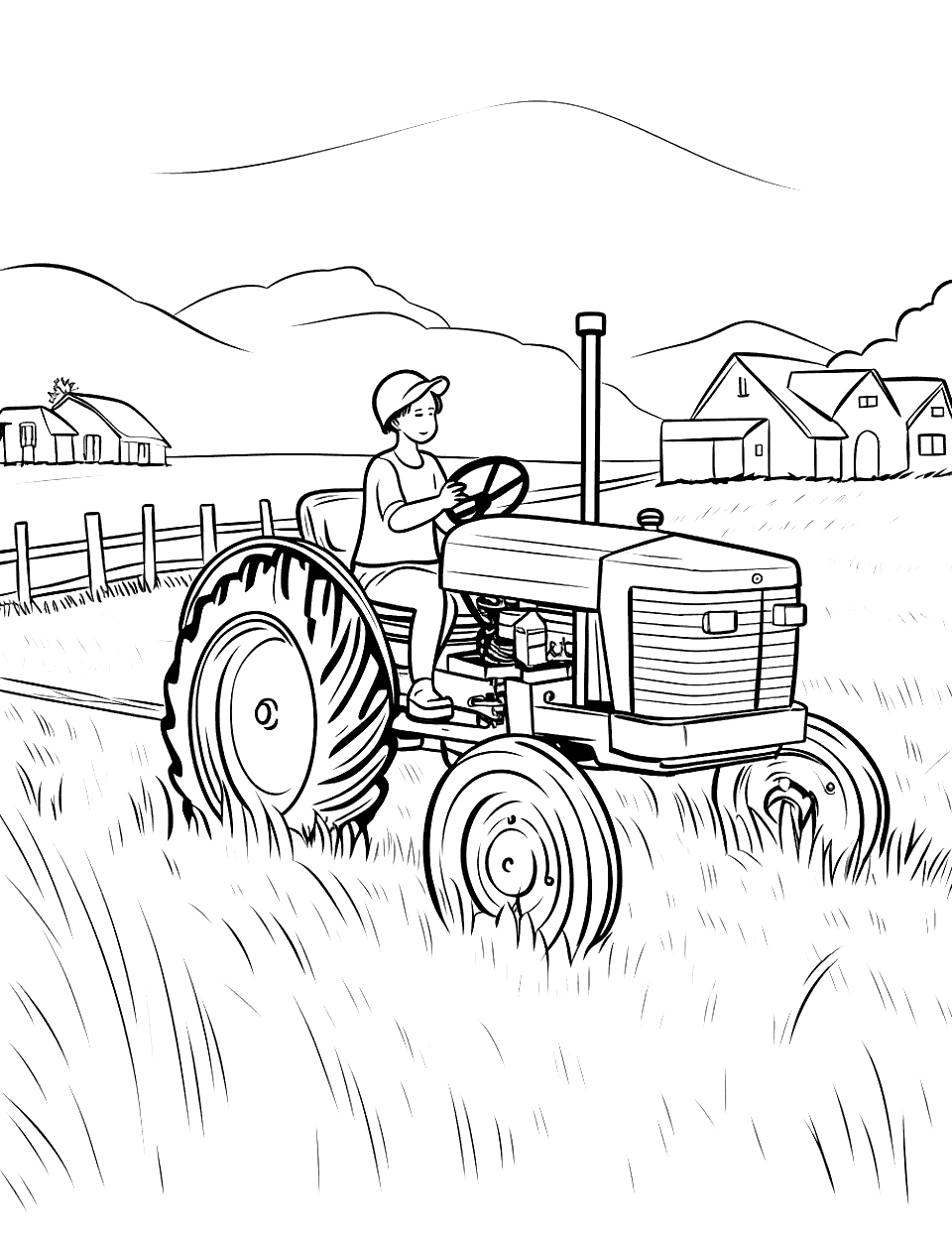 Tractor on the Farm Coloring Page - A tractor on the farm field ready to start working on the plots.
