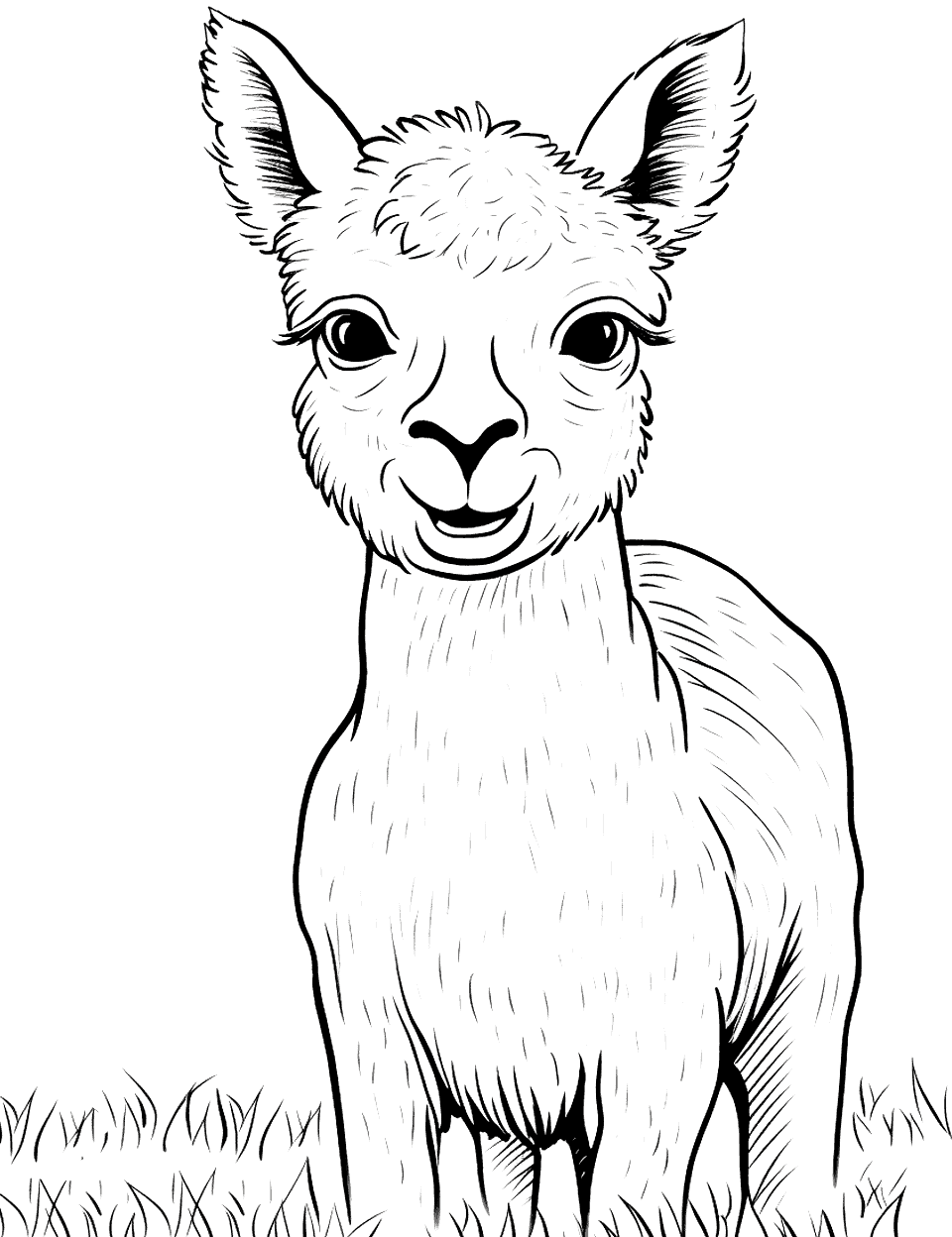 Llama Looking Curious Farm Coloring Page - A llama with a funny, curious expression.
