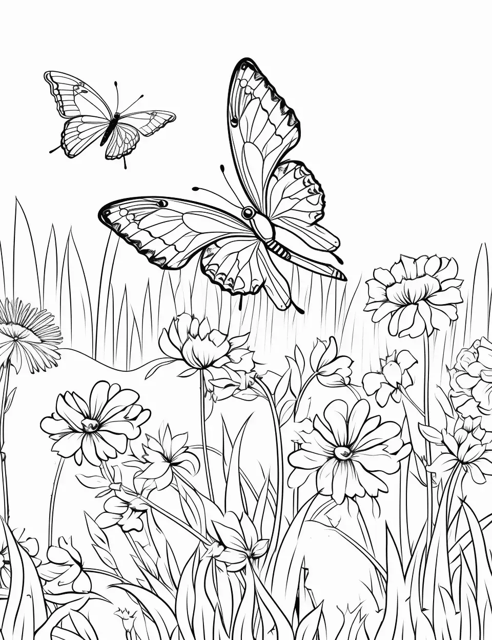 Butterfly Garden on the Farm Coloring Page - A garden with various flowers and butterflies.