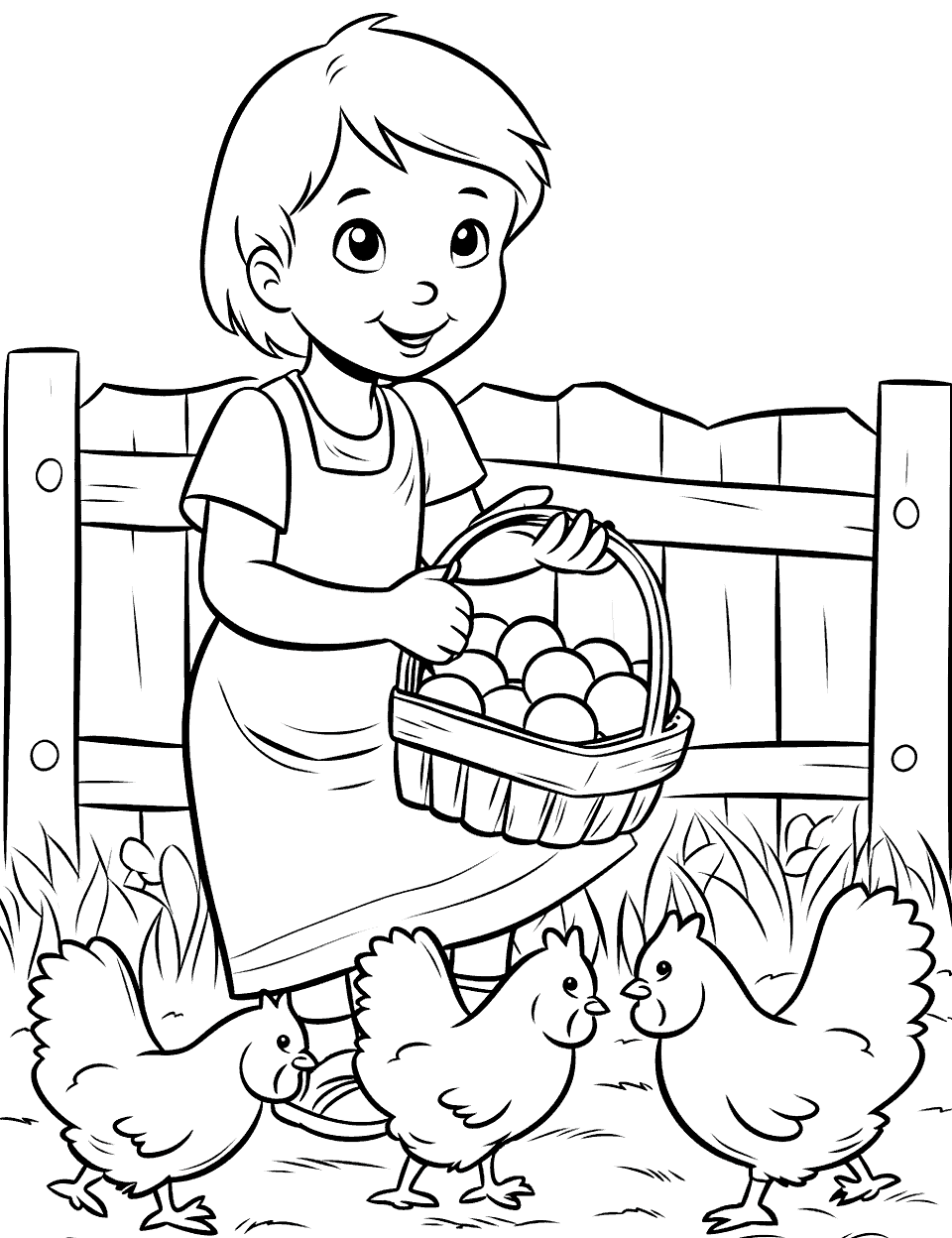Gathering Eggs from Chickens Farm Coloring Page - A basket being filled with eggs from a chicken coop.
