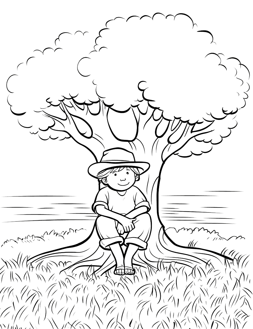 Resting Under a Tree Farm Coloring Page - A farmer resting under a tree with a hat on the head.
