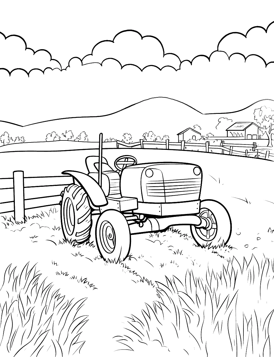 Tractor in the Field Farm Coloring Page - A tractor in a field ready to plow it.