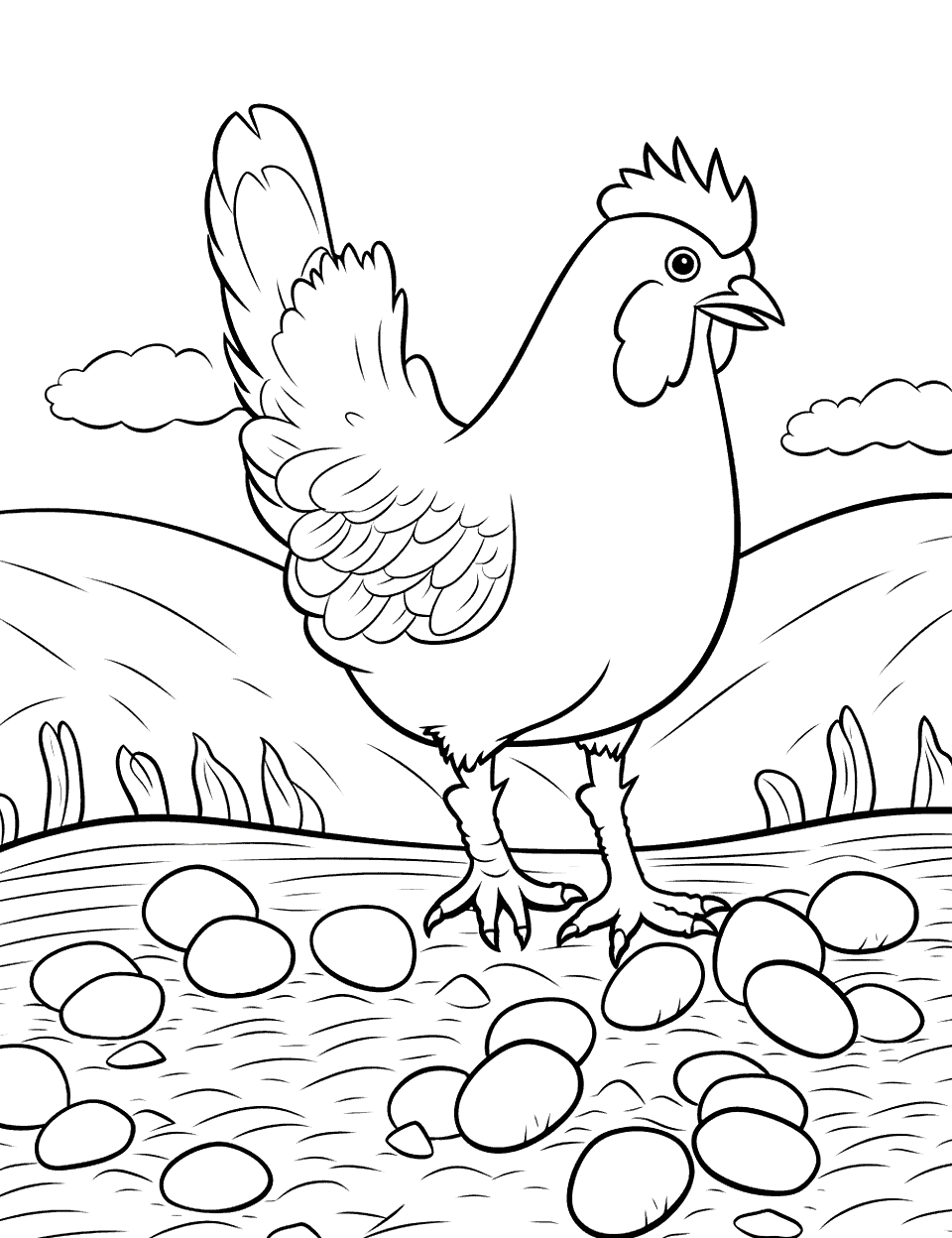 Chicken and Grains Farm Coloring Page - A chicken walking around looking for grains on the ground.