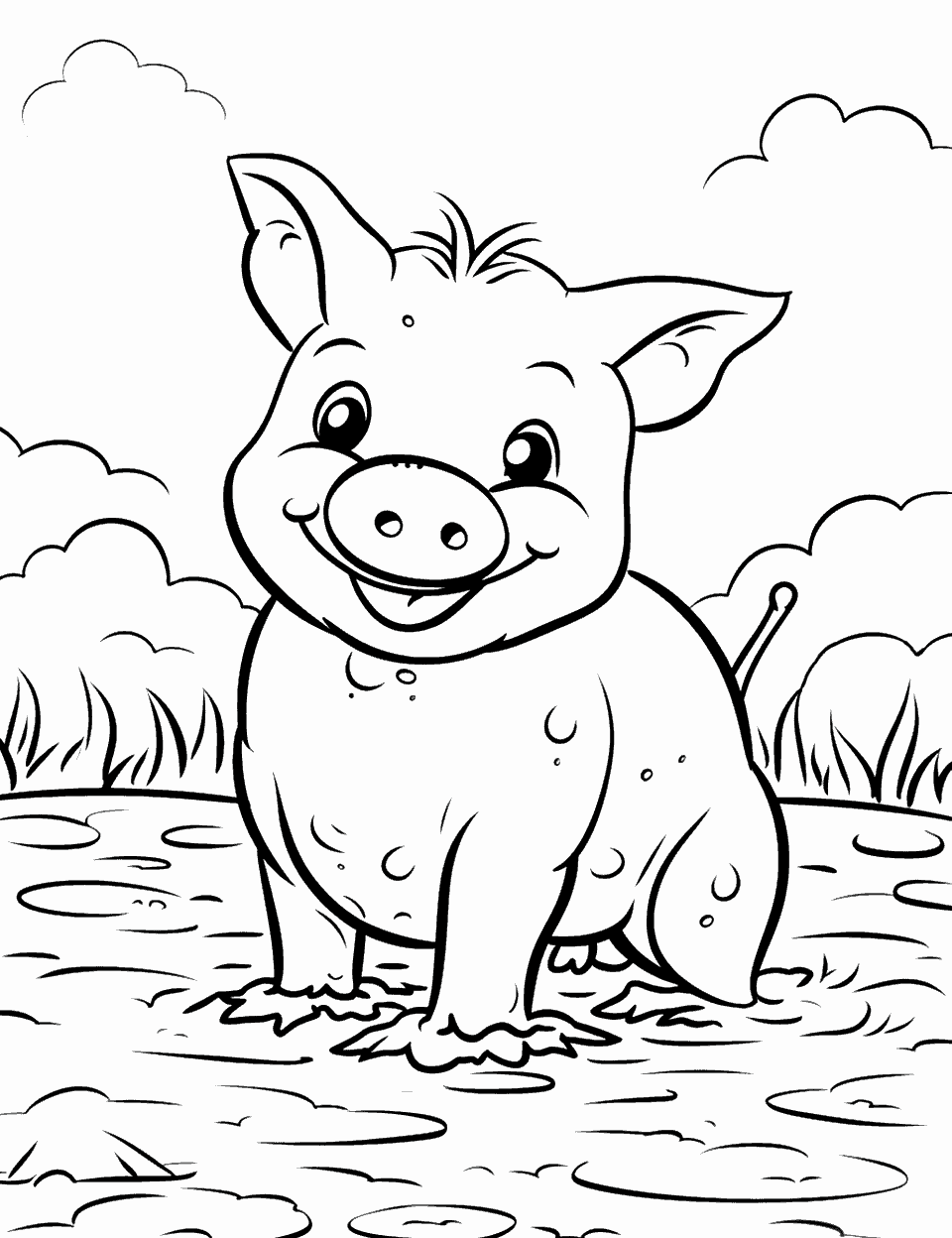 Pig Rolling in Mud Farm Coloring Page - A happy pig rolling in a mud puddle.