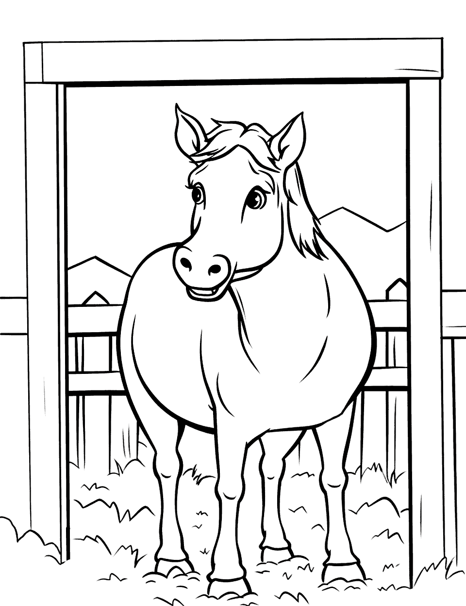 Horse in the Stable Farm Coloring Page - A horse peeking out from a stable door.