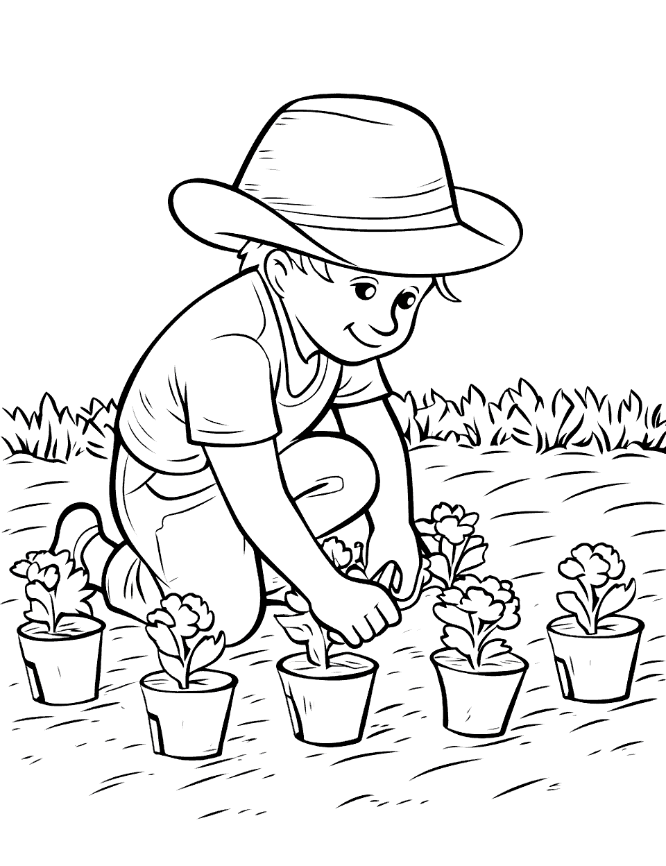 Farmer Tending Plants Farm Coloring Page - A farmer bent over tending to the plants in a row.
