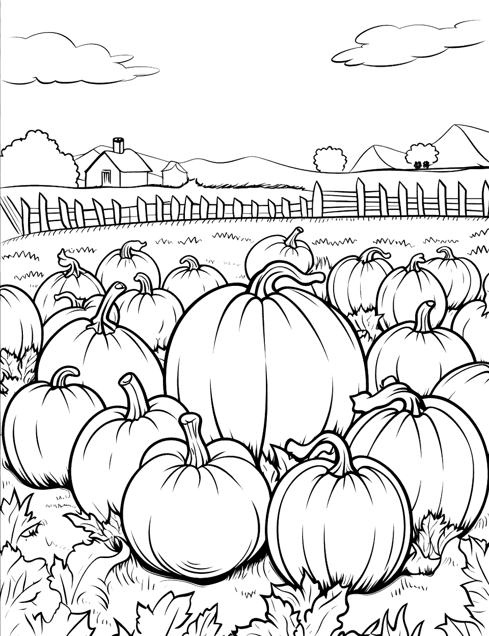Pumpkin Harvest Farm Coloring Page - A field filled with pumpkins ready for harvest.