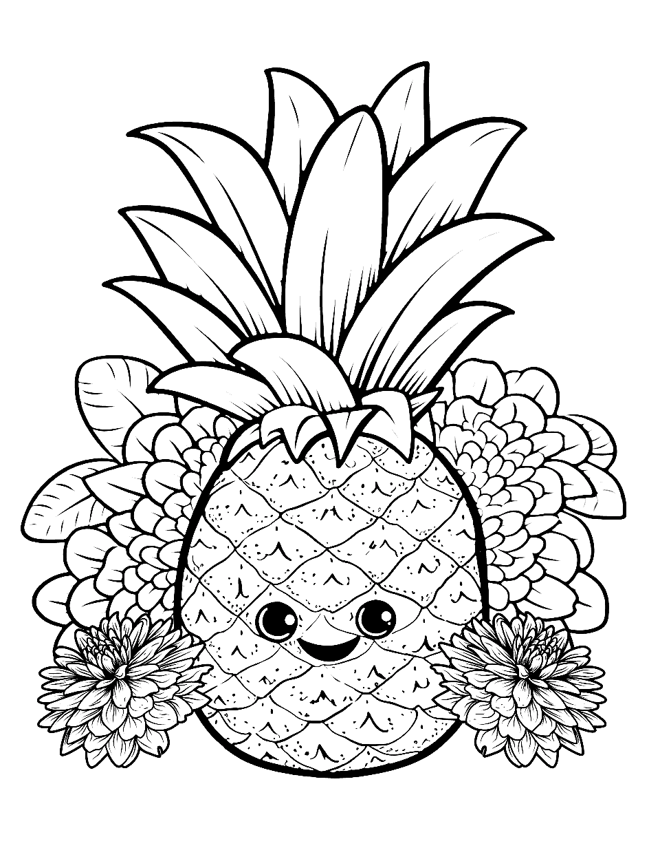 Pineapple Paradise Fruit Coloring Page - A pineapple with a smiling face, surrounded by tropical flowers.