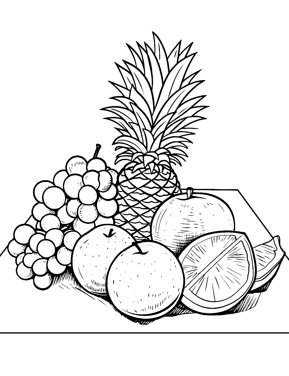 Peachy Picnic Fruit Coloring Page - A picnic blanket with a bunch of fruits laid out, including a peach.