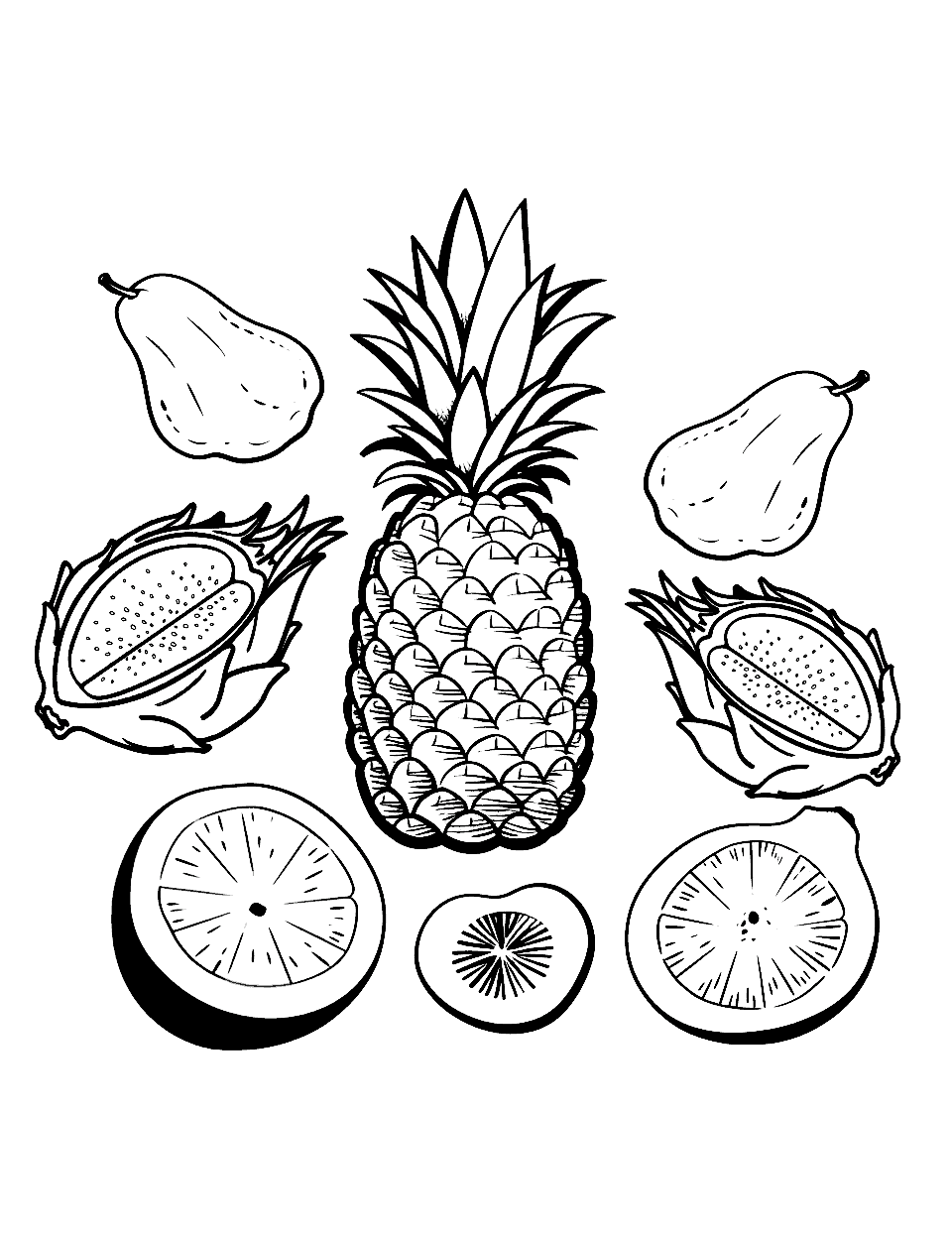 Tropical Fruit Collection Coloring Page - An assortment of tropical fruits like kiwi, dragon fruit, and papaya.